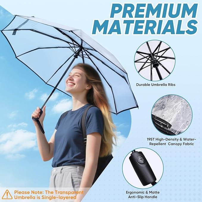 PTEROMY Windproof Compact Travel Umbrellas for Rain and Sun, Withstands 85MPH Winds Auto Open Close Folding Umbrella with Ergonomic Handle, Quick Dry Canopy for Commuting or Backpack