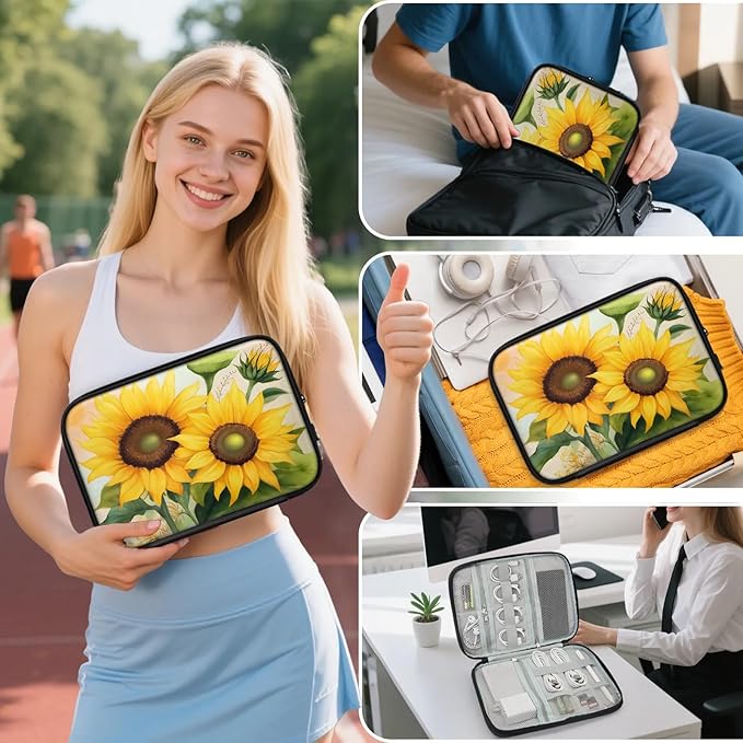 Watercolor Sunflower Travel Cable Organizer Pouch Yellow Floral Electronics Accessories Carry Case Portable Water Resistant Storage Bag for Cord Charger Phone Earphone SD Card