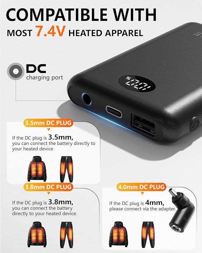 ColdBye Mini 𝟏𝟎𝟎𝟎𝟎𝐦𝐀𝐡 5V 2A/3A 7.4V/3A Heated Vest Battery Pack Compatible with Major Heated Clothing Brands, Ultra-Light Portable, USB, Type-C and DC Ports
