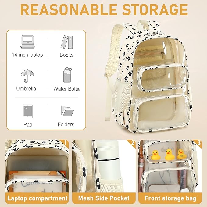 CAMTOP Clear Backpack Heavy Duty Transparent Bag See Through BookBag for Student School Work Festival Sport Travel (Beige Balck Flower)