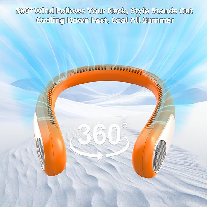 Portable Neck Fan,Personal Wearable Bladeless Fan,LED Display,4-Speeds,6000mAh USB Rechargeable,360° Strong Cooling Wind,Hands Free,Long Lasting,Birthday Gifts for Men Women Dad Mom (Orange)