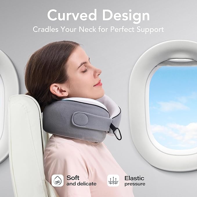 Travel Pillow, 100% Pure Memory Foam Travel Neck Pillow Airplane Neck Support Ergonomic Design for Traveling Suitable for Airplanes,Offices and Cars-Cooling Silk Light Grey Cover