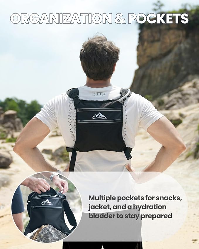Chest Pack with 1L Water Bladder, USA Original Patent, Lightweight Adjustable Running Vest for Men Women, Reflective Running Hydration Vest for Hiking, Cycling