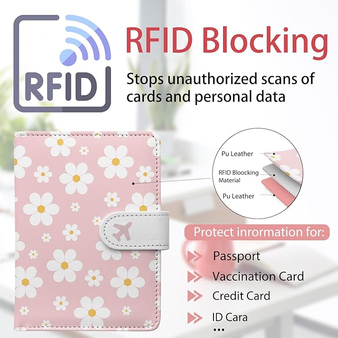 Passport Holder, Travel Wallet Cover with Pen Loop | Cute RFID Blocking Leather Case with Magnetic Closure for Travel Essentials-flower