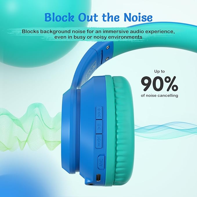 Kids Bluetooth Headphones with Active Noise Cancelling, Wireless Over-Ear Headphones for Boys Girls, Foldable, Adjustable, Safe Volume, 40H Playtime, Mic for School Travel(Blue)