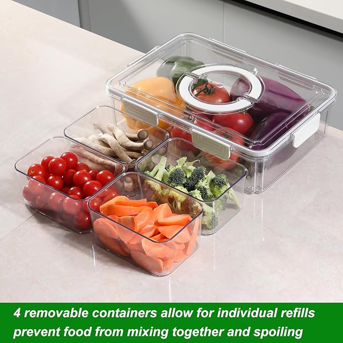 Taiuloo Divided Serving Tray with Airtight Lid and Handle, 4 Compartment Snackle Box Container, Portable Snack Platters, Clear Fridge Organizer & Food Storage for Veggie, Fruit, Charcuterie, Nuts