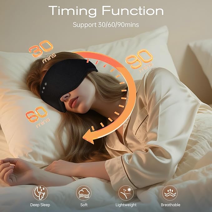 Sleep Eye Mask with Wireless Headphones - 29 Soothing White Noise Sounds, 3D Zero Pressure Eye Maks for Women & Men, Blackout Sleeping Masks for Side Sleeper, Removable Eye Cover (Black)