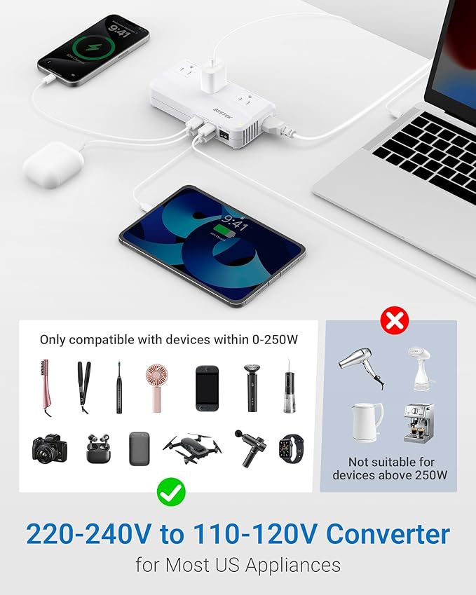 BESTEK 220v to 110v Voltage Converter, US to Europe Converter for Hair Straightener/Curling Iron, 250W Power Converter for European Travel, (EU/UK/AU/JP/India/South Africa Universal Plug Adapter)