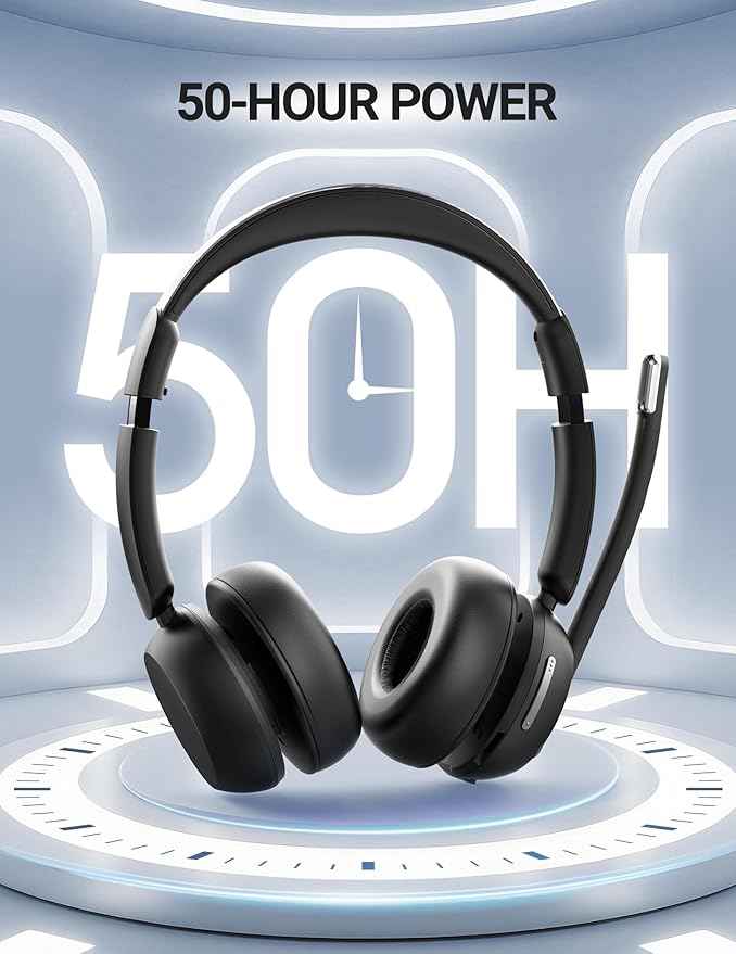 Wireless Headset with Mic for Work, Bluetooth 5.3 Headsets with Microphone and Detachable Earpads, 50H Playtime with Charging Base, Noise Cancelling Headphones for Work with Mic Mute