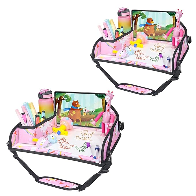Upgraded Kids Travel Tray for Car Seat - Travel Tray for Airplane, Toddler Lap Tray, Carseat Lap Desk for Kids Road Trip Activities, Pink Unicorn - 2 PCS