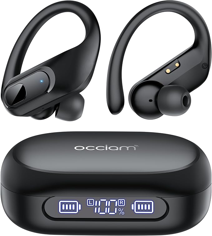 occiam Active Noise Cancelling Wireless Earbuds Bluetooth Headphones Ear Buds 96Hrs Playback Clear Call Waterproof Earphones with Ear Hook Microphones for Sport Running (Black Standard)