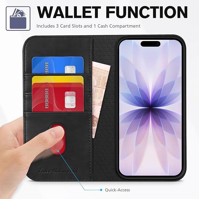 TUCCH Case Wallet for iPhone 17 (6.3") 2025, RFID Blocking 3 Card Holders | Kickstand | PU Leather | Protective Flip Folio Cover | TPU Shockproof Interior Shell | Black
