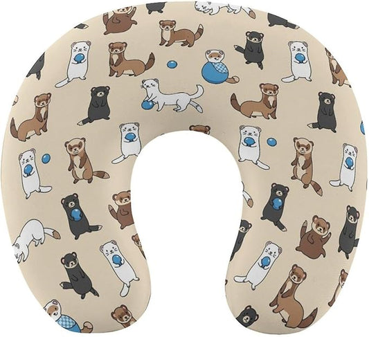 Breathable Memory Foam Neck Pillow, Hairy Ferret U-Shaped, Head Support U-Shape Compact for Airplane Train Travel, Machine Washable Cover