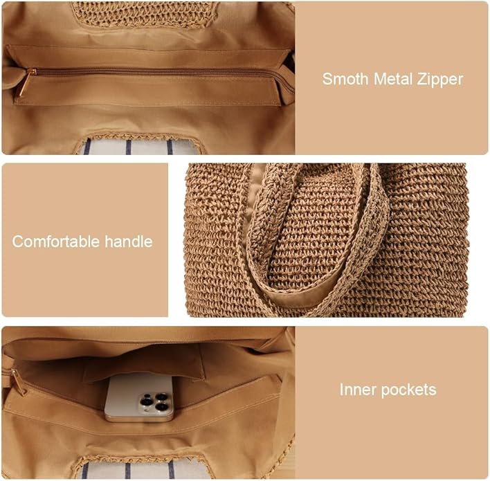 Straw Beach Bags for Women Woven Beach Tote Bag Casual Boho Large Shoulder Handbags Purse for Vacation Holiday