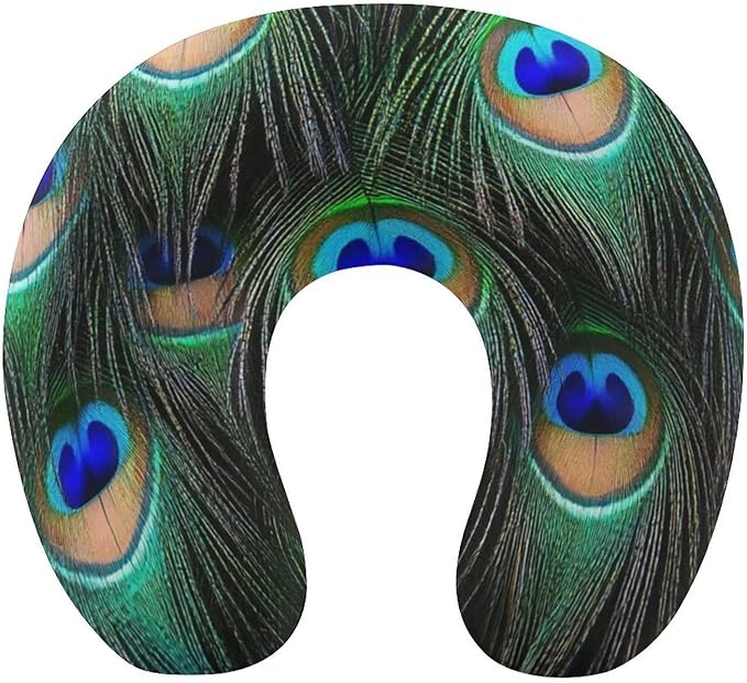 Breathable U-Shaped Neck Pillow Memory Foam Travel, Green Peacock Art U-Shape, Machine Washable Support Home Office