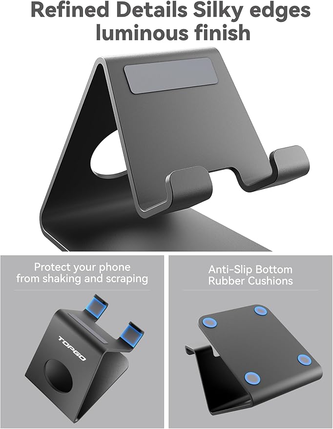 TOPGO 2 Pack Cell Phone Stand, Phone Dock, Cradle, Holder, Aluminum Desktop Cellphone Stand with Cable Collective for Office Desk, Bedside Table Compatible with iPhone 16 15 14 13 12 Pro Max - Black