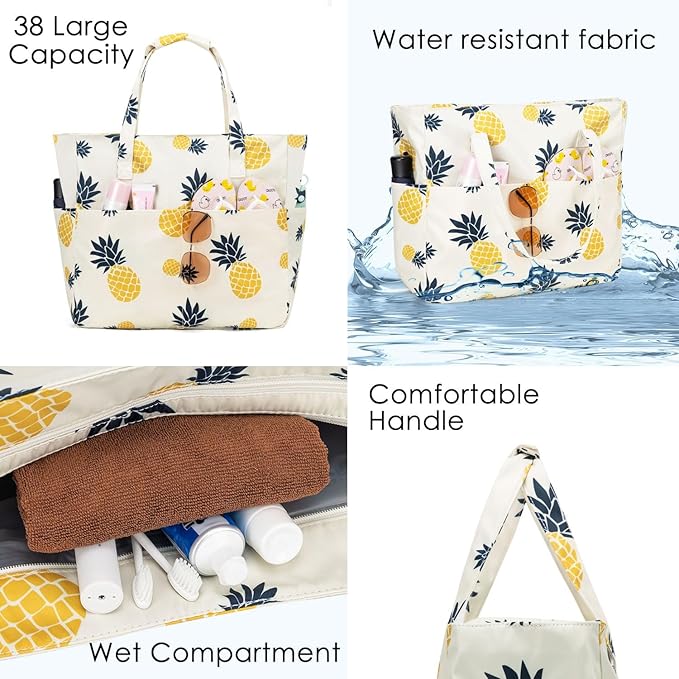 KABAQOO Extra Large Beach Bag Waterproof Sandproof Women Beach Tote with Zipper & Wet Compartment for Pool Gym Grocery Travel