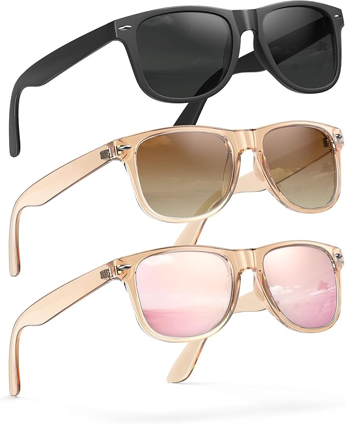 Sunglasses Womens Men Polarized UV400 Protection Trendy Classic Retro Square Mirrored Womens Sunglasses 3 Pack
