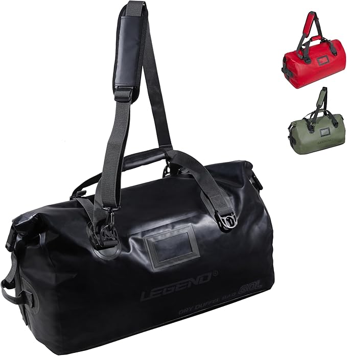 LEGEND Waterproof Duffel Bag - Heavy Duty Duffle Bag for Outdoor, Camping, Boating & Travel, Premium PVC Dry Duffel Bag, Motorcycle Dry Bag with Durable Strap & Handles with Large Storage - 60L Black