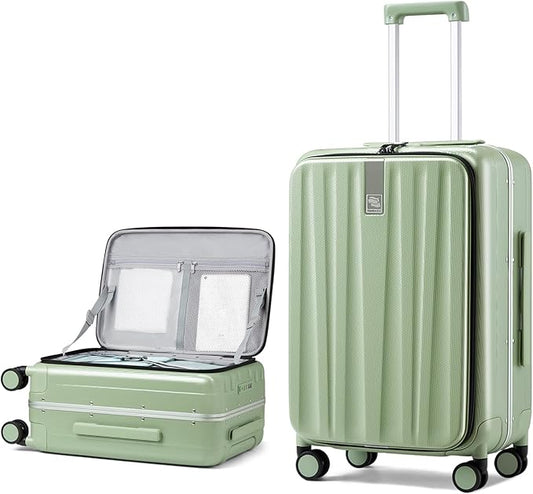 Hanke 26 Inch Large checked Luggage PC Hard Shell luggage Top Opening Aluminum Frame Travel Luggage Suitcases with Wheels for Woman Men.(Bamboo Green)
