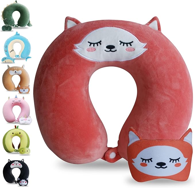 Sexysamba Cartoon Headrest & Neck Pillow for Kids Boys & Girls, Teens, Travel Accessories for Airplane, Car, Recline, Memory Foam Cute Travel Pillow with Sleep Eye Mask - Fox