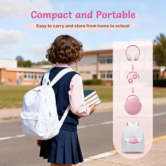 Kids Bluetooth Headphones with ANC, Wireless Over-Ear Headset for Boys and Girls, Foldable & Adjustable, Ideal for School, Travel and Online Learning (Pink)