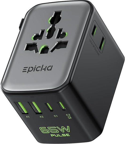 Epicka Pulse Duo 65W International Power Adapter, Universal Travel Adapter with 6-Port (2 AC/2 USB-A/2 USB-C), European Travel Plug Adapter with PD & QC 3.0 Fast Charging, Travel Essentials (Black)