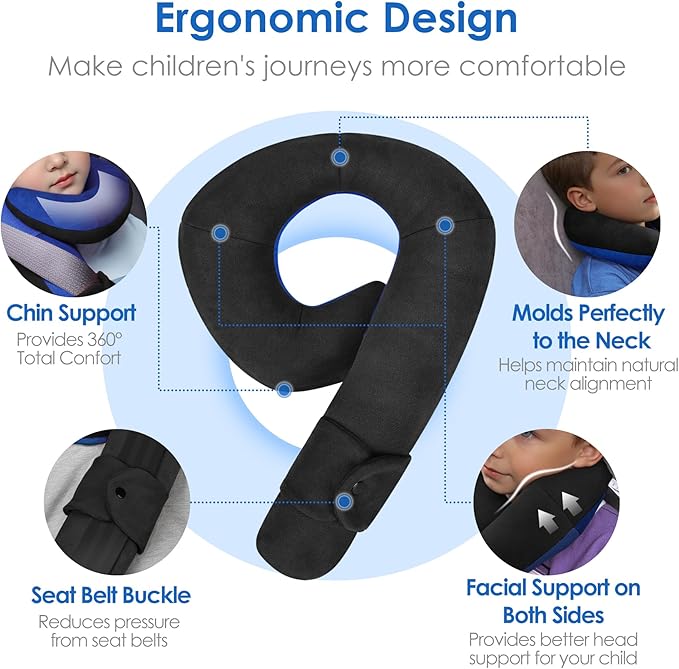 Kids Travel Neck Pillow, Comfortable Head & Chin Support for Car seat & Airplane, Toddler Pillow for Sleeping on Road Trip, Gifts for Child (Black & Light Blue)