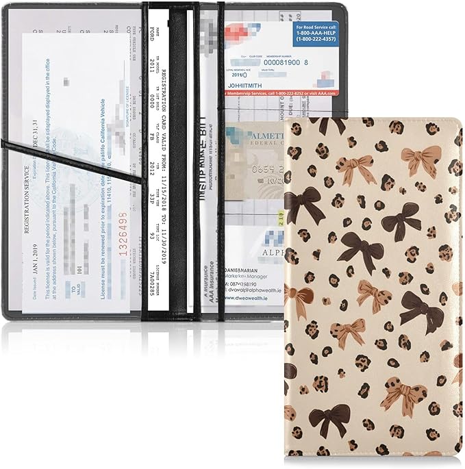 Leopard Bow Car Registration and Insurance Holder Leather Vehicle Document Glove Box Organizer for License Cards Accessories