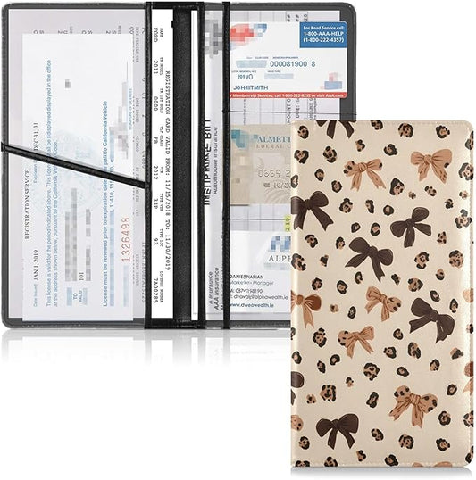 Leopard Bow Car Registration and Insurance Holder Leather Vehicle Document Glove Box Organizer for License Cards Accessories