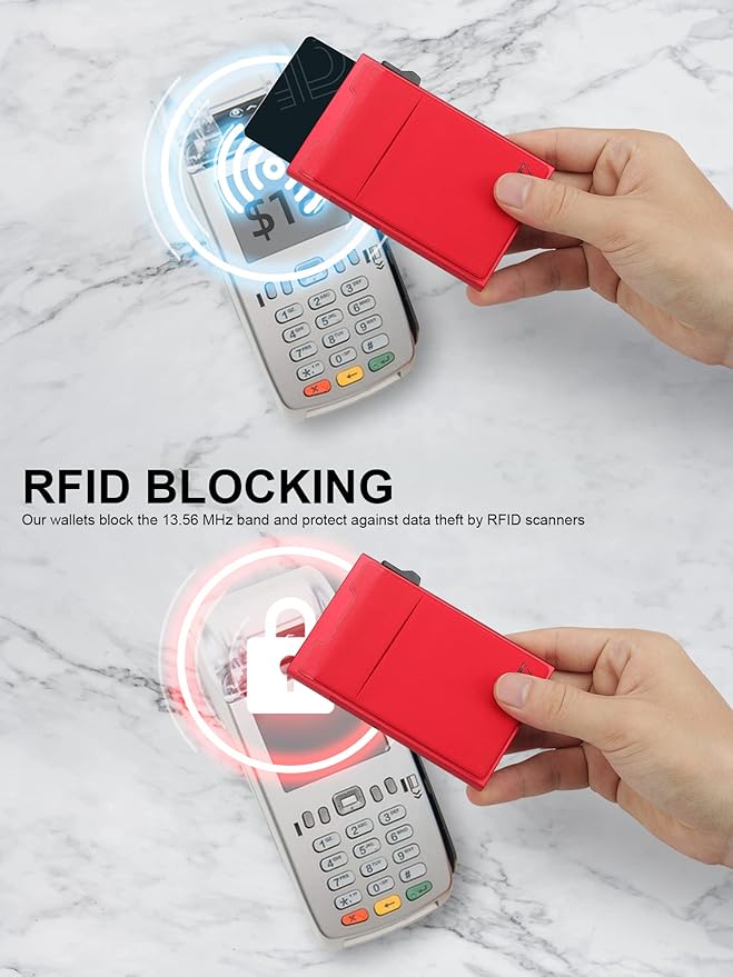 Minimalist Metal wallet,RFID Blocking Smart Pop Up Card Wallet 6-12 Cards Holder Slim Compact Front Pocket Wallets with Elastic Coin Pocket for Men and Women,Red