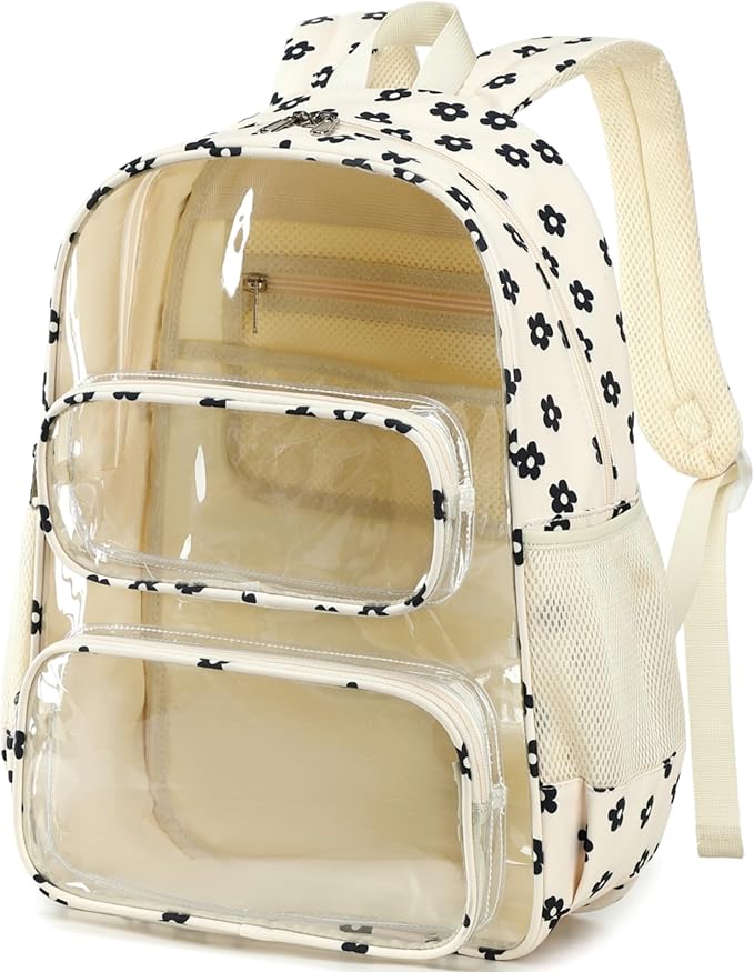 CAMTOP Clear Backpack Heavy Duty Transparent Bag See Through BookBag for Student School Work Festival Sport Travel (Beige Balck Flower)