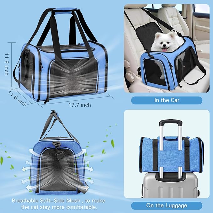 Cat Carrier Soft-Sided & Foldable Travel Litter Box for Cats, Fit for Pet Up to 20Lbs, 17.7' * 11.8 * 11.8 inches Cat Bag for Traveling & Camping, Indoor & Outdoor, Pet Carrier Kit - Blue