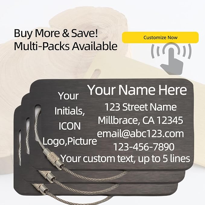 Sturdy and Durable Personalized Luggage Tags for Suitcases,Cruise Essentials Travel Tags for Luggage,Travel Bag Labels,Heavy-Duty Stainless Steel Black Rectangular Horizontal Suitcases Tags