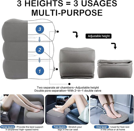 JefDiee Inflatable Foot Rest Pillow, Kids Airplane Bed, Adjustable 3 Layers Height Leg Rest Pillow, Airplane Travel Essentials Great for Office, Home, Trains, Cars
