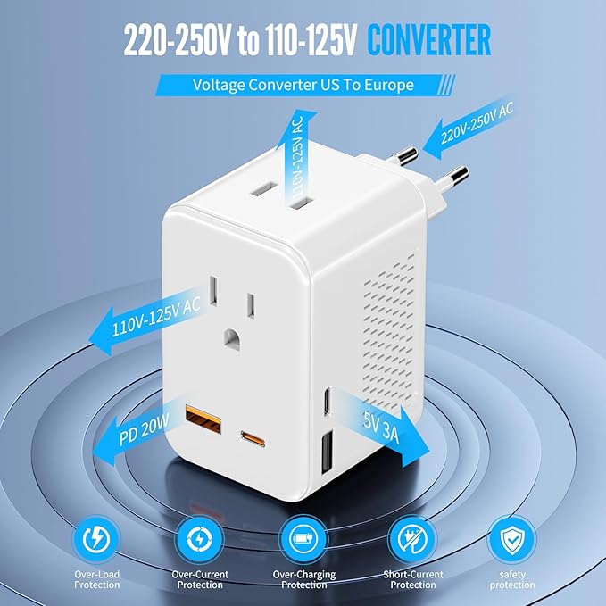 220V to 110V Voltage Converter US to Europe Travel, Adapter Plug Converter for European Travel with 20W PD & 2 USB-A & 2 USB-C Port, European Power Converter Combo USA to Spain Italy France (White)