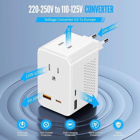 220V to 110V Voltage Converter US to Europe Travel, Adapter Plug Converter for European Travel with 20W PD & 2 USB-A & 2 USB-C Port, European Power Converter Combo USA to Spain Italy France (White)
