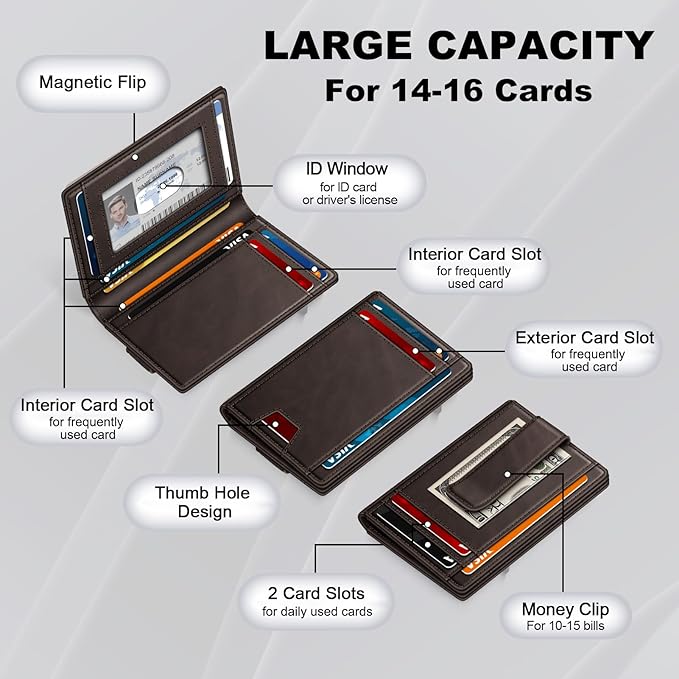 Gtwup Wallet for Men 14-16 Cards, Men's Leather Wallet, Minimalist Thin Card Holder RFID Blocking Money Clip with Simplified Bill Folder & Magnetic Closure, Gifts for Men, Coffee Brown
