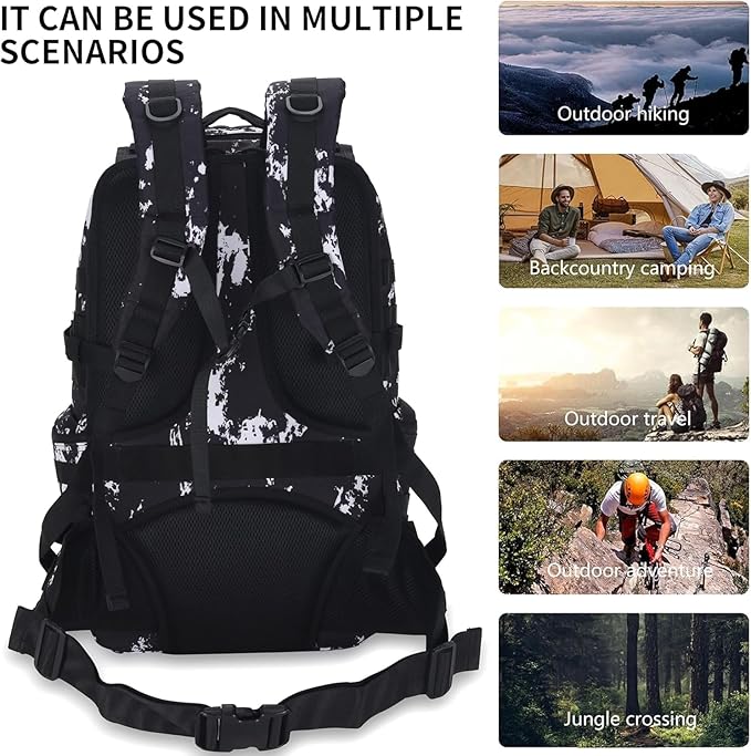 HongXingHai 50L Military Tactical Backpack 3 Day Assault Pack Molle Daypack Hiking Backpack for Men and Women (Black-White Lightning)