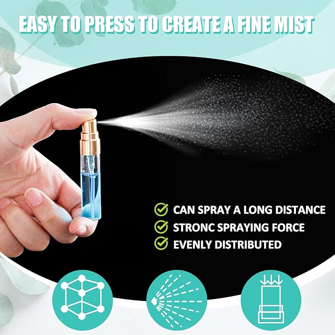 Zhehao 50 Pcs Mini Spray Bottles 5 ml Clear Glass Perfume Bottles Refillable Fine Mist Perfume Atomizer Portable Empty Sample Containers for Cleaning, Essential Oils, Travel (Gold Cap)