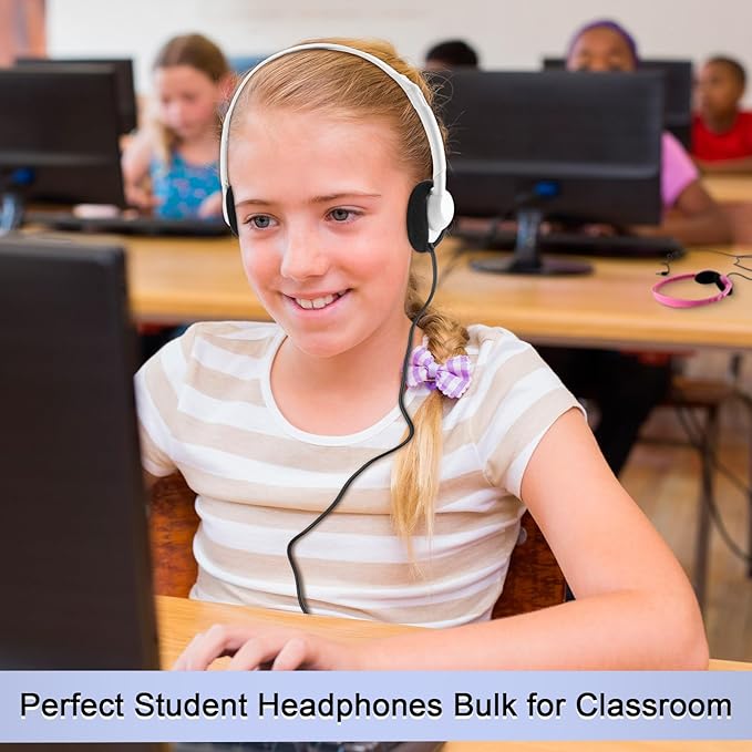 Yunsailing 30 Pack Bulk Headphones Set Over Ear Headphones with Adjustable Headband 3.5mm Plug Headsets Earphones for Learning Program, Computer Lab, Library, Testing & Multimedia Use (White)