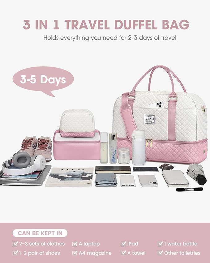 Travel Duffle Weekender Bags for Women: Overnight Bag with Shoe Compartment Carry On Bags with Toiletry & Wet Pocket Large Tote Hospital for Women Labor Delivery Beige Pink