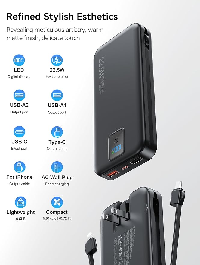 Portable Power Bank, 12000mAh 22.5W Fast Charging Phone Charger with Built-in Cables & Wall Plug, Travel Essential Battery Pack with LED Display, USB C Battery Charging Bank for iPhone, Samsung Black
