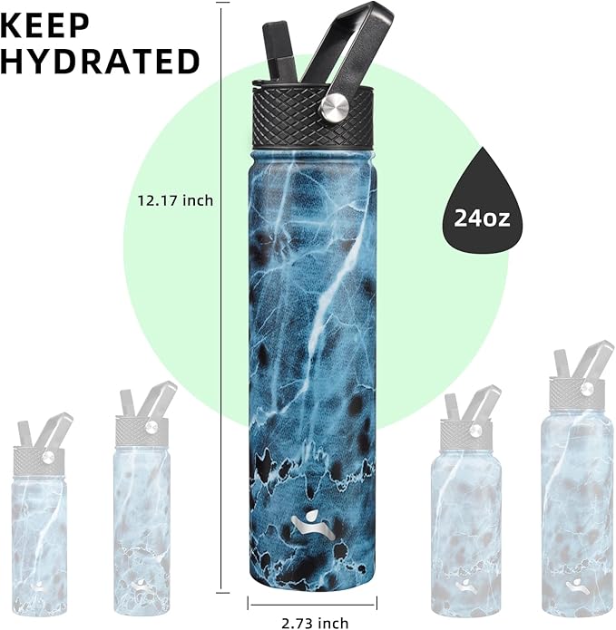Insulated Water Bottle 24oz Stainless Steel Sport Bottles with 3 Lids,Marble Ocean