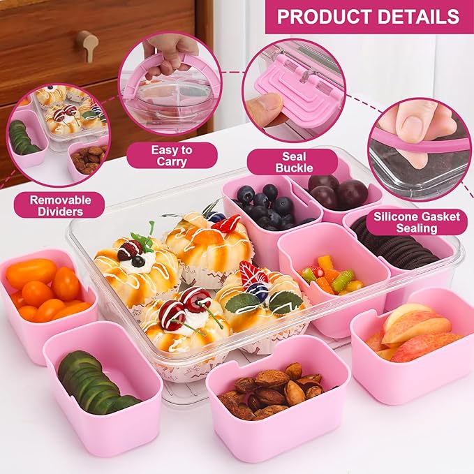 shopwithgreen Snackle Box Charcuterie Container, Divided Serving Tray with Lid and Handle for Party, Veggies, Fruits, Nuts, Food Tray Platter Snack Box Container for Entertaining, Picnic, Pink, 2pcs