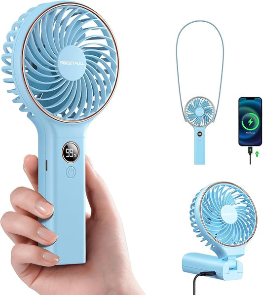 SWEETFULL Handheld Portable Fan, 5000mAh Rechargeable Battery, 6 Speed Wind, LED Digital Display, Foldable Electric Personal Mini Travel Fan with Backup Power, Summer Essentials Gifts for Women Girl