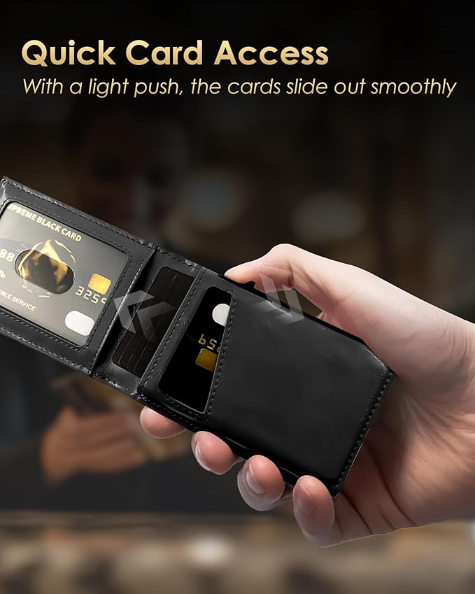 Wallet for Men - RFID Blocking [Functional & Practical] Bifold Slim Minimalist Credit Card Holder Pop Up Metal Case with Cash Slot, Front Pocket with ID Window, Gift Boxed (BLACK)