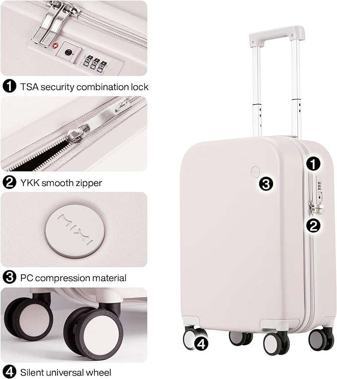 mixi Carry on Luggage, 20'' Suitcase Spinner Wheels Luggage Hardshell Lightweight Rolling Suitcases PC with Cover & TSA Lock for Business Travel, Off White（Slight Pink）