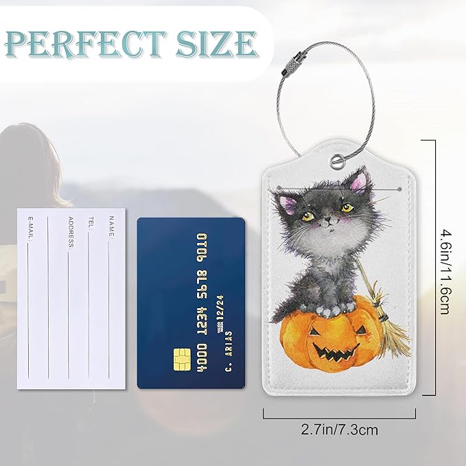 Cute Cat Luggage Tag,Halloween Pumpkin Luggage Tags of Set 2 Leather Identifiers Privacy Cover with Stainless Steel Loop for Women Men Travel Bag Suitcase