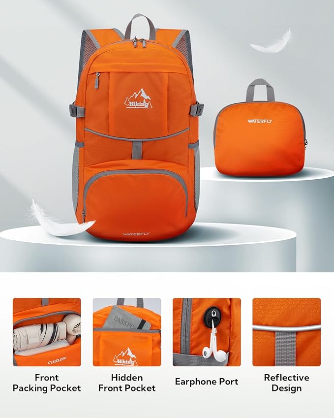 WATERFLY Hiking Packable Daypack Backpack: 25L Ultra Lightweight Day Pack for Woman Man - Small Compact Folding Back Pack for Outdoor Sport Cycling Camping Travel Trip - Orange